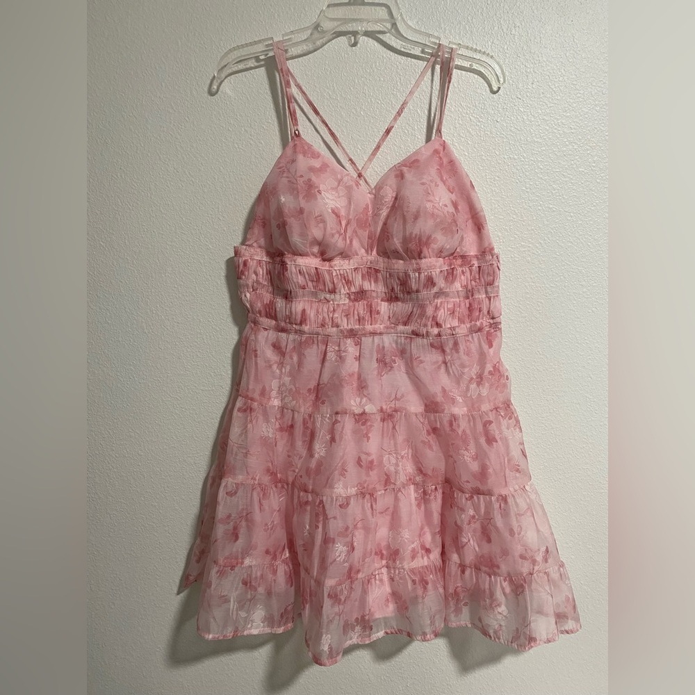 Layered With Love Pink Floral Tiered Chiffon Mini Dress sz L NWT $118